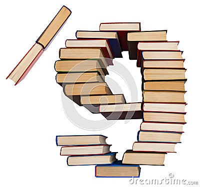 Alphabet made out of books, figures 9 and slash Stock Photo