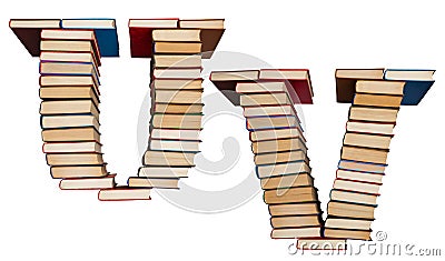 Alphabet made out of books, letters U and V Stock Photo