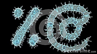Alphabet made of virus isolated on black background. Symbol percent and at. 3d rendering. Covid font Stock Photo