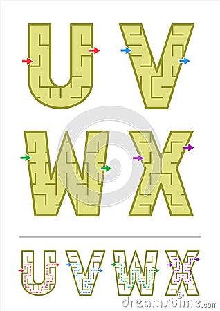 Alphabet maze games U, V, W, X Vector Illustration