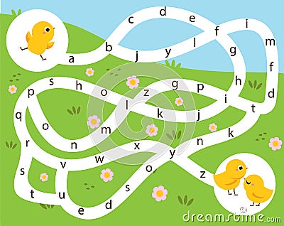 Alphabet Maze puzzle. Help chicken find way to friends. Activity for toddlers. educational children game Stock Photo