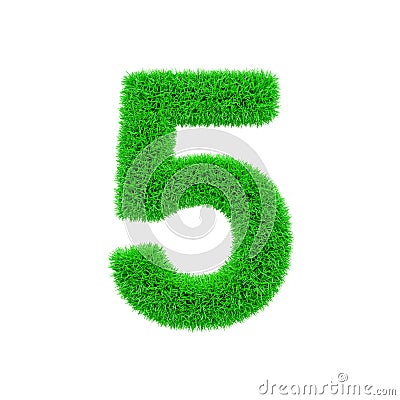 Alphabet number 5. Grassy font made of fresh green grass. 3D render isolated on white background. Stock Photo