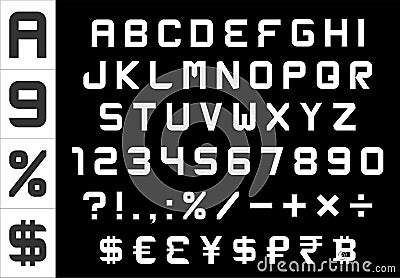 Alphabet, numbers, currency and symbols pack - rectangular basic font Vector Illustration