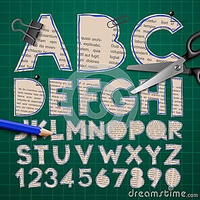 Alphabet and numbers, paper craft design, cut out Vector Illustration
