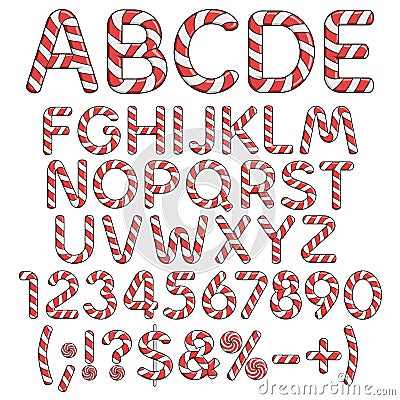 Alphabet, numbers and signs from red candies. Vector Illustration