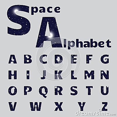 Alphabet in outer space theme. Alphabet with dark blue letters. Space design. Universal application Vector Illustration