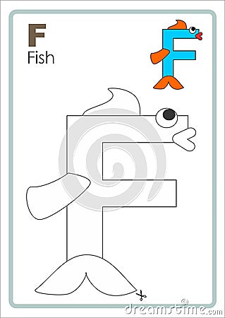 Alphabet Picture Letter `F` Colouring Page. Fish Craft. Stock Photo