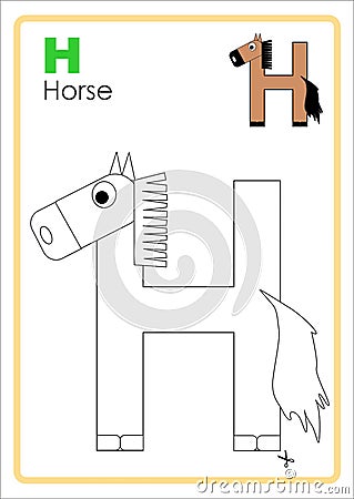 Alphabet Picture Letter `H` Colouring Page. Horse Craft. Stock Photo