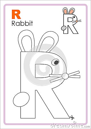 Alphabet Picture Letter `R` Colouring Page. Rabbit Craft. Stock Photo