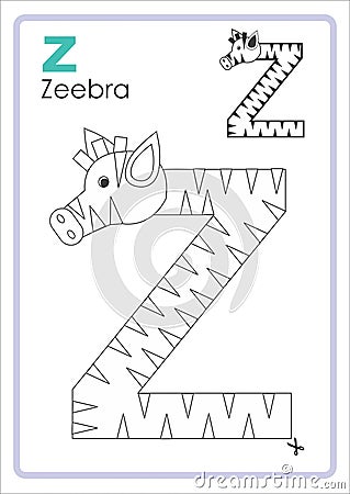 Alphabet Picture Letter `Z` Colouring Page. Zeebra Craft. Stock Photo