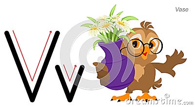 Alphabet with pictures. English abc letter education. Cute owl bird holds vase Vector Illustration