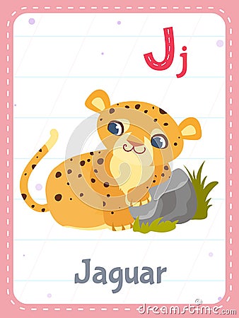 Alphabet printable flashcard with letter J and jaguar animal Vector Illustration