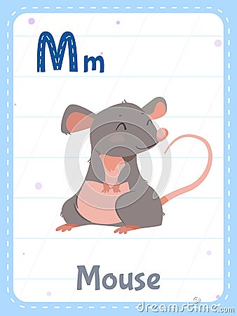 Alphabet printable flashcard with letter M and mouse animal Vector Illustration