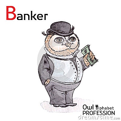Alphabet professions Owl Letter B - Banker Vector Vector Illustration