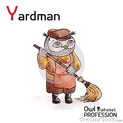 Alphabet professions Owl Letter Y - Yardman Vector Vector Illustration