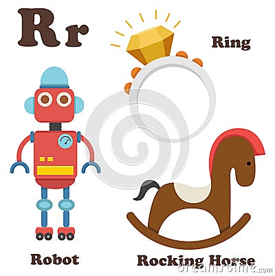 Alphabet R letter.Ring,Robot,Rocking Horse Stock Photo