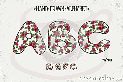 Alphabet romantic vintage design. English letters. Red roses Shabby chic style. Font vector typography. Hand drawn Vector Illustration