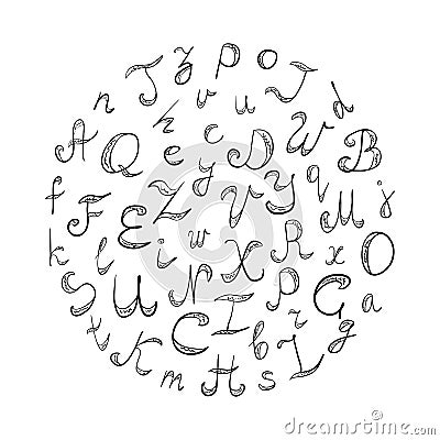 Hand Drawn Doodle Font. Children Drawings of Black Scribble Alphabet Arranged in a Circle Vector Illustration