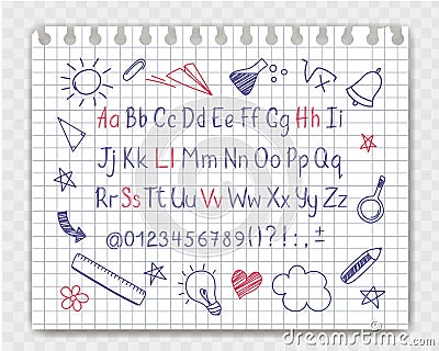Alphabet in sketchy style with school doodles on copybook sheet. Vector Illustration
