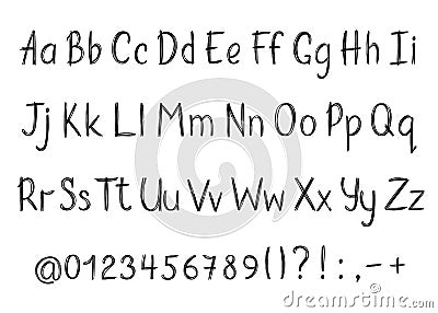 Alphabet in sketchy style. Vector handwritten pencil letters, numbers and punctuation marks. Vector Illustration