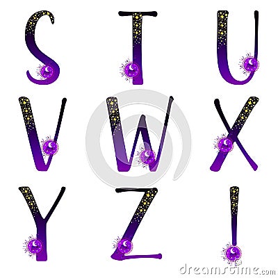 ABC letters. Star alphabets. Stuvwxyz collection. Midnight sky gradient characters. Glitter stars moon and clouds. Vector stock. Vector Illustration