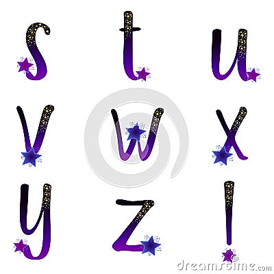 ABC alphabets. Stuvwxyz collection. Midnight sky gradient lowercase characters. Scattered glitter stars. Vector illustration. Vector Illustration