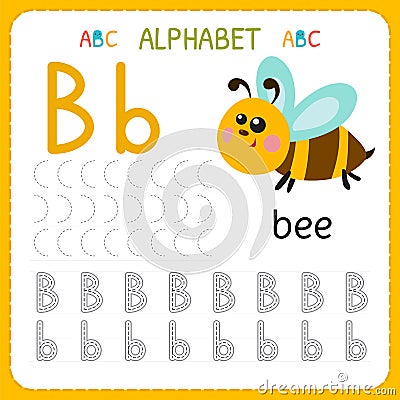 Alphabet tracing worksheet for preschool and kindergarten. Writing practice letter B. Exercises for kids Vector Illustration