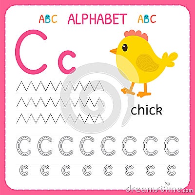 Alphabet tracing worksheet for preschool and kindergarten. Writing practice letter C. Exercises for kids Vector Illustration