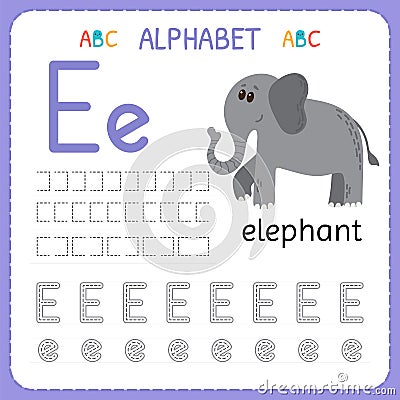 Alphabet tracing worksheet for preschool and kindergarten. Writing practice letter E. Exercises for kids Vector Illustration