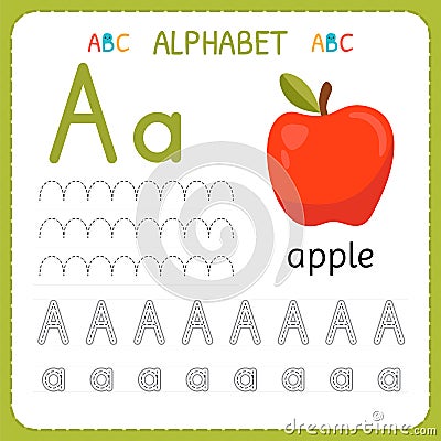 Alphabet tracing worksheet for preschool and kindergarten. Writing practice letter A. Exercises for kids Vector Illustration