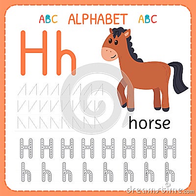 Alphabet tracing worksheet for preschool and kindergarten. Writing practice letter H. Exercises for kids Vector Illustration