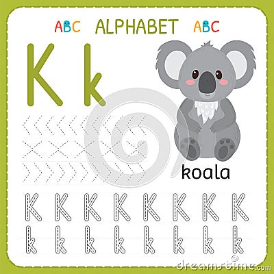 Alphabet tracing worksheet for preschool and kindergarten. Writing practice letter K. Exercises for kids Vector Illustration