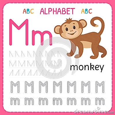 Alphabet tracing worksheet for preschool and kindergarten. Writing practice letter M. Exercises for kids Vector Illustration