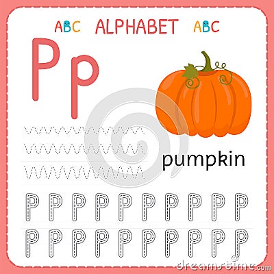 Alphabet tracing worksheet for preschool and kindergarten. Writing practice letter P. Exercises for kids Vector Illustration