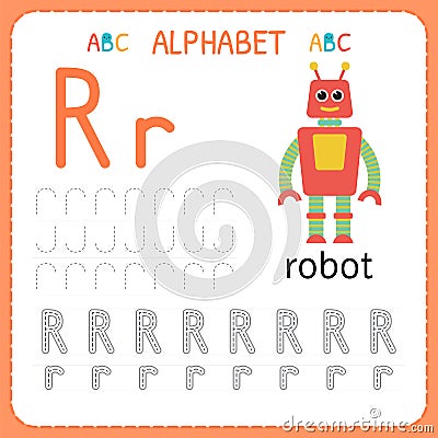 Alphabet tracing worksheet for preschool and kindergarten. Writing practice letter R. Exercises for kids Vector Illustration