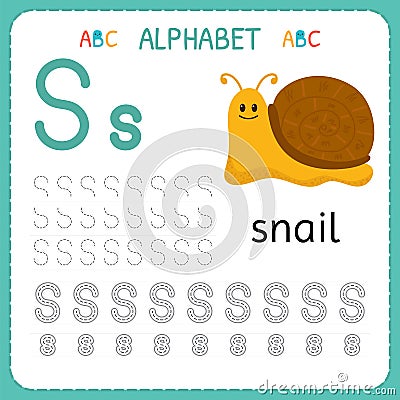 Alphabet tracing worksheet for preschool and kindergarten. Writing practice letter S. Exercises for kids Vector Illustration