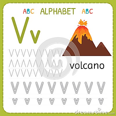 Alphabet tracing worksheet for preschool and kindergarten. Writing practice letter V. Exercises for kids Vector Illustration