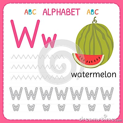 Alphabet tracing worksheet for preschool and kindergarten. Writing practice letter W. Exercises for kids Vector Illustration