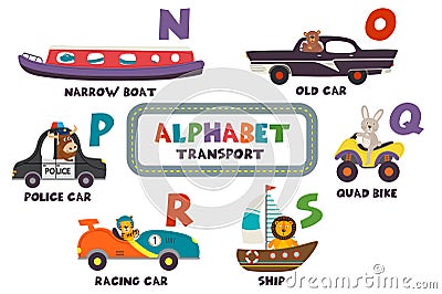 Alphabet with transport and animals N to S Vector Illustration
