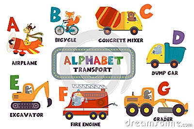 Alphabet with transport and animals A to G Vector Illustration