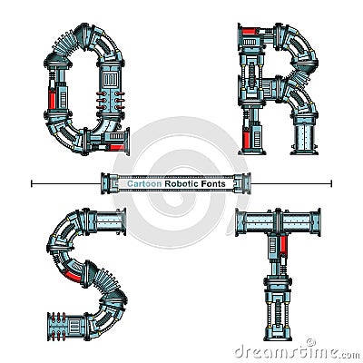 Alphabet Typography Font Cartoon Robotic style in a set QRST Vector Illustration