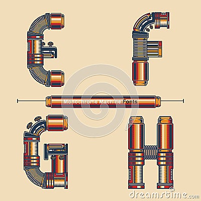 Alphabet Typography Font Monochrome Vintage machine color style in a set EFGH Vector Illustration