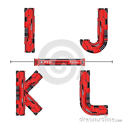 Alphabet Typography Font Red Machinery style in a set IJKL Vector Illustration