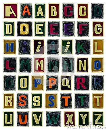 Alphabet with unique letters isolated, abc symbols is made manually from real materials, diy font as glass and metal letters Stock Photo