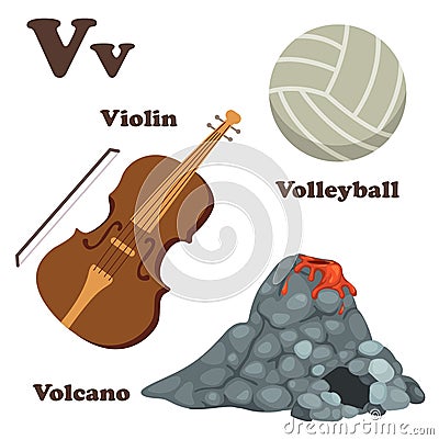 Alphabet V letter.Volcano,Volleyball,Violin Stock Photo