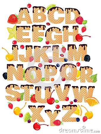 Alphabet with waffles and berries Vector Illustration