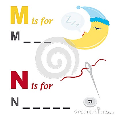 Alphabet word game: moon and needle Vector Illustration