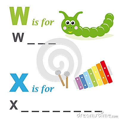 Alphabet word game: worm and xylophone Vector Illustration