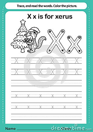 Alphabet x exercise with cartoon vocabulary for coloring book illustration Vector Illustration