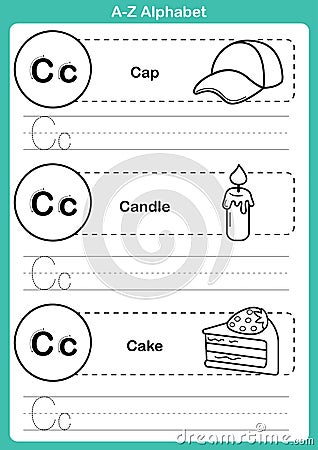 Alphabet a-z exercise with cartoon vocabulary for coloring book Vector Illustration